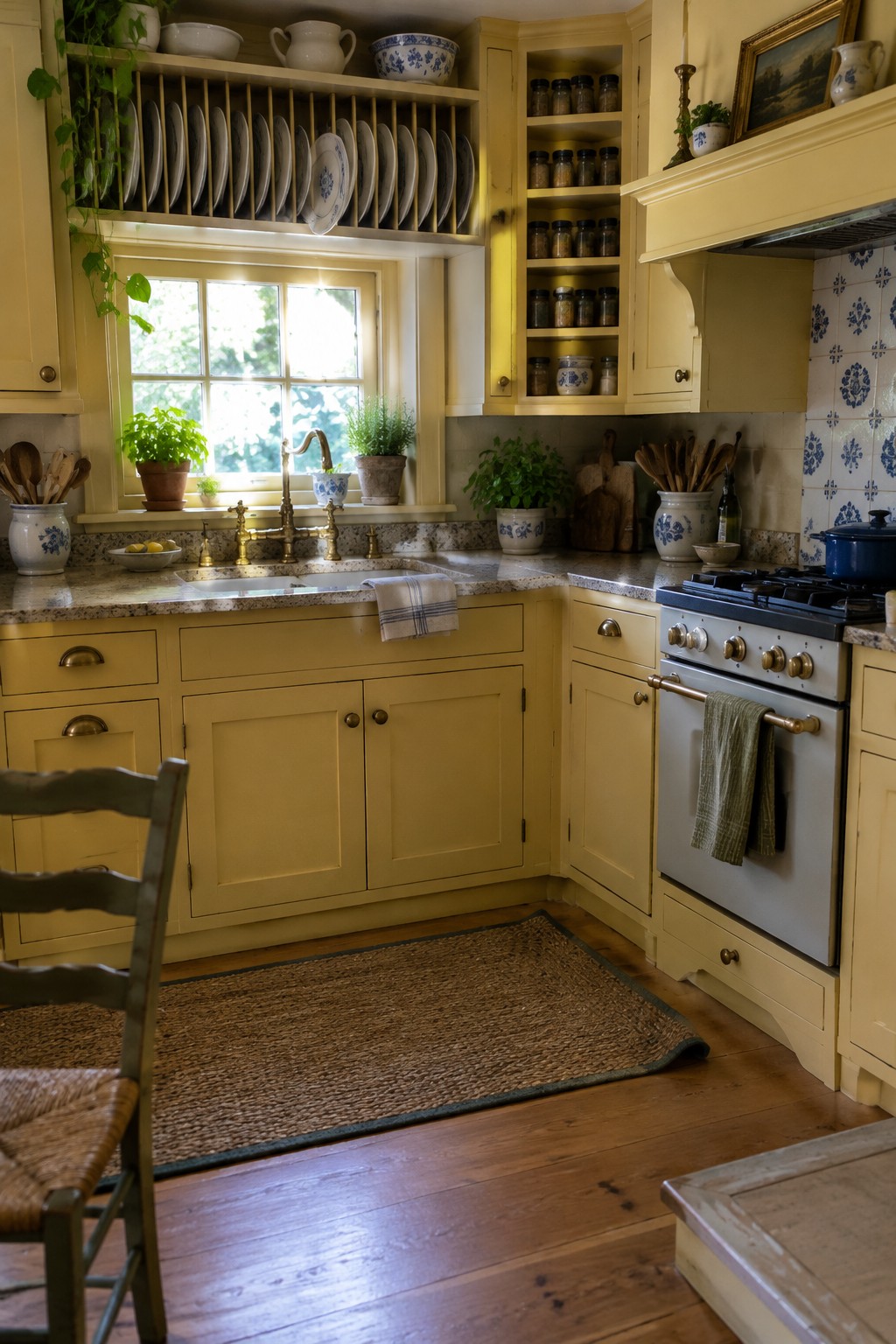 Yellow kitchen with marble counters, open shelves, stove, and woven rug