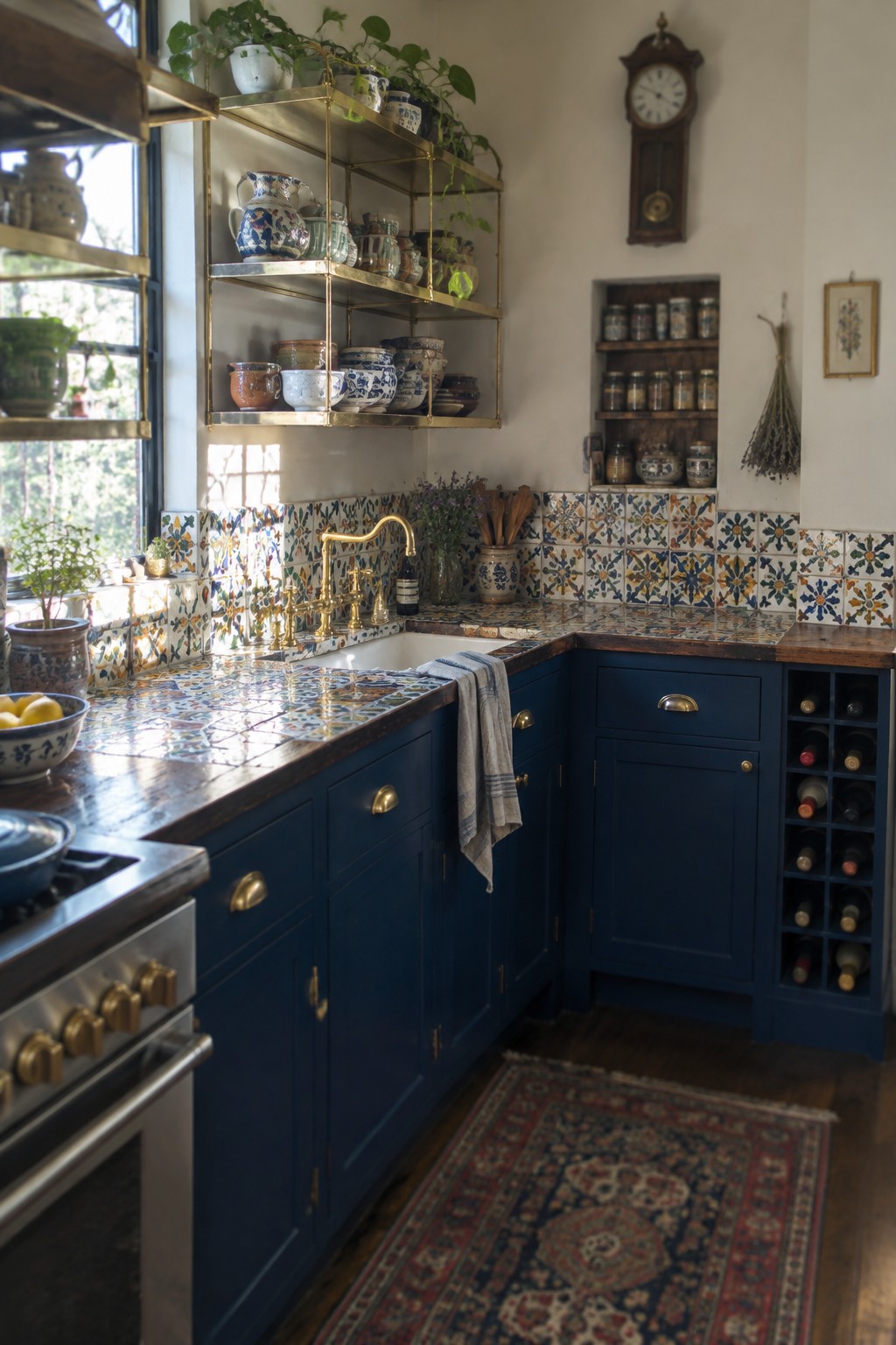 An L-shaped kitchen featuring blue cabinets, a corner sink with brass faucet, colorful patterned tile backsplash, and wooden countertops.