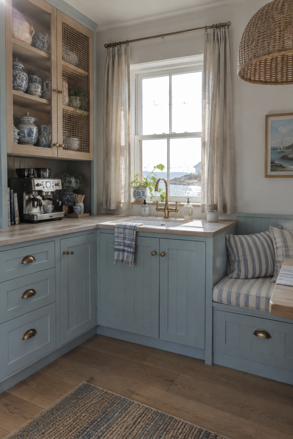An L-shaped kitchen with light blue cabinets, a corner sink beneath a window, and a built-in bench with striped cushions along one wall.