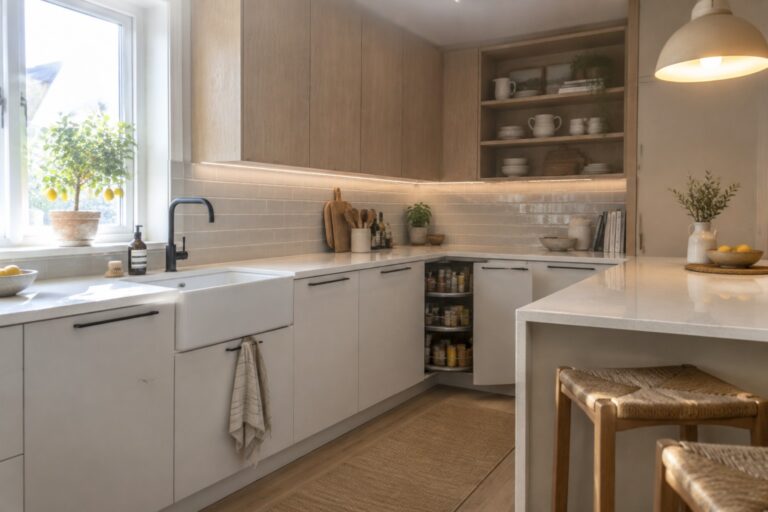 18 Practical L-Shaped Kitchen Ideas for Efficient Corner Work Zones An L-shaped kitchen with light wood upper cabinets, white lower cabinets, a white farmhouse sink, and a corner cabinet with open pull-out spice racks.