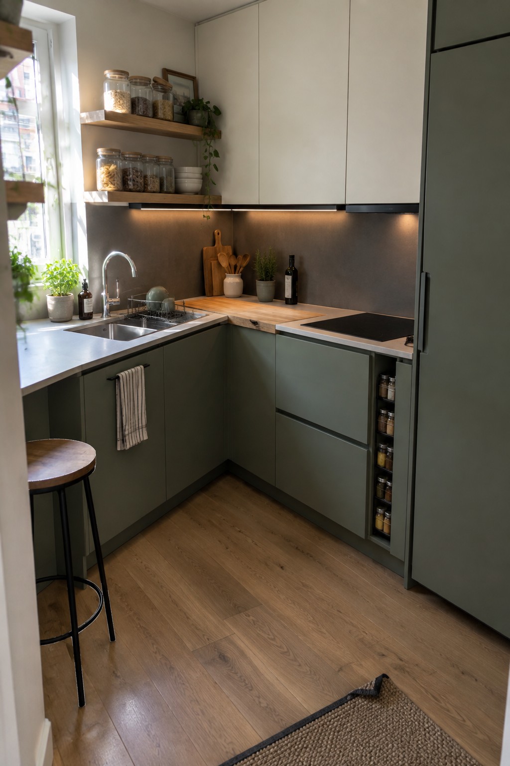 Modern kitchen with green cabinets, wooden floors, sink, and shelves with jars