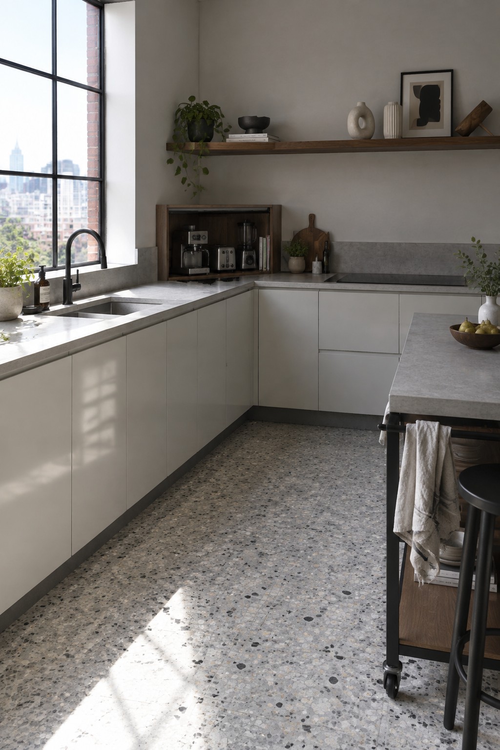 An L-shaped kitchen with white flat-panel cabinets, gray terrazzo flooring, a floating wood shelf, and a built-in appliance niche in the corner.