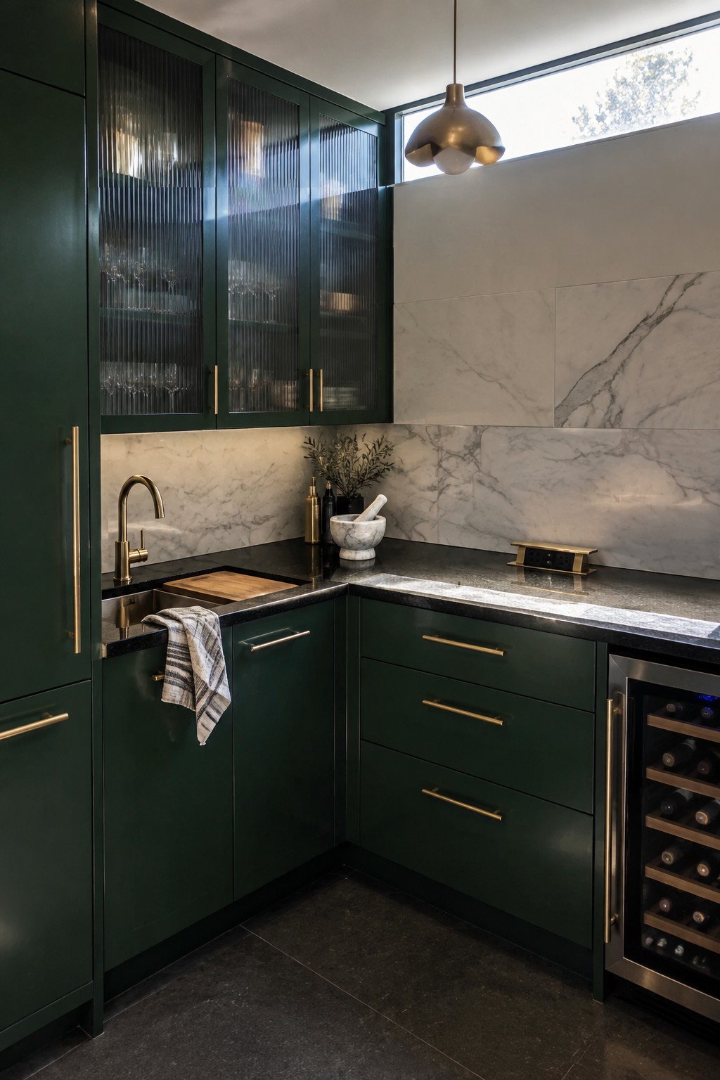Modern dark green kitchen with gold accents, marble backsplash, and wine fridge.
