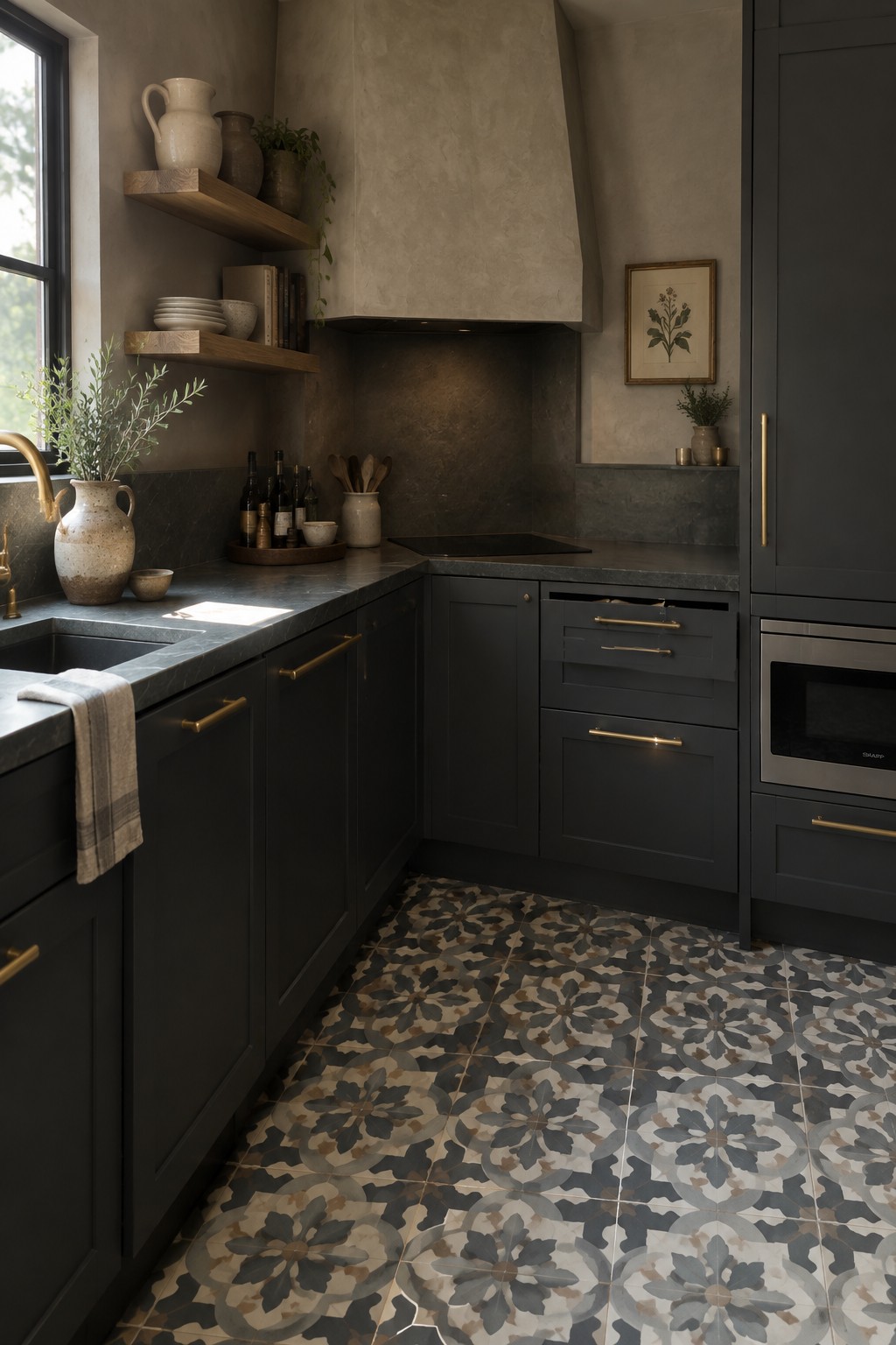Dark gray kitchen with patterned tile floor, brass handles, and floating shelves