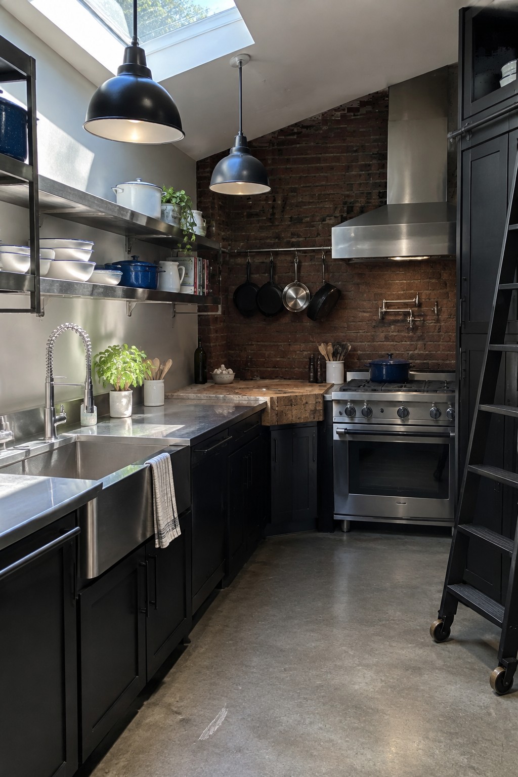 An L-shaped kitchen with dark cabinets, a stainless steel farmhouse sink, open metal shelving, exposed brick wall, and a stainless steel range with hood.