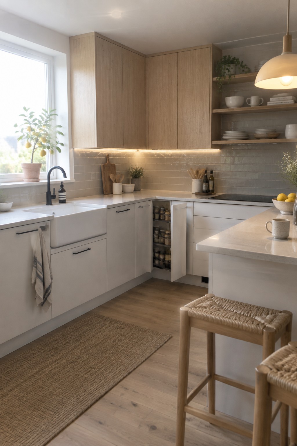An L-shaped kitchen with light wood upper cabinets, white lower cabinets, a white farmhouse sink, and a corner cabinet with open pull-out spice racks.