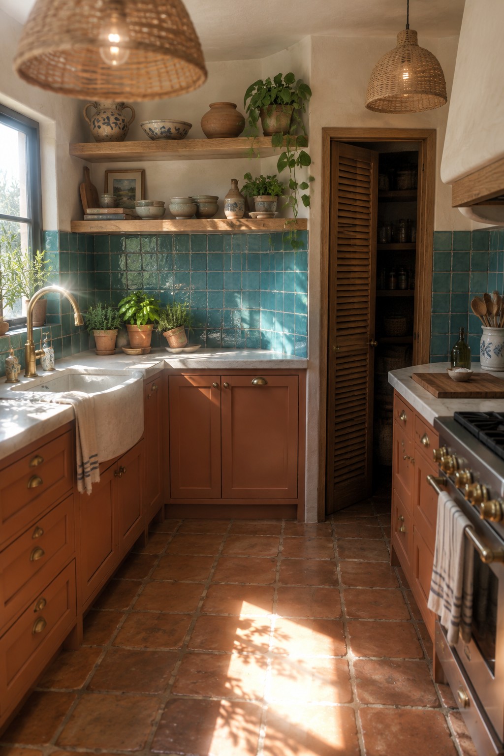 Rustic kitchen with terracotta cabinets, teal tiles, marble counters, and woven pendants