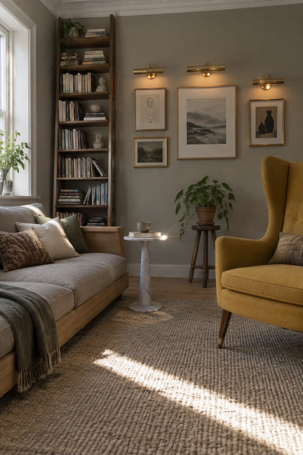 A living room featuring a tall wooden bookshelf filled with books, a light gray sofa with pillows, a mustard yellow armchair, framed art on a muted green wall, and sunlight on a woven rug.