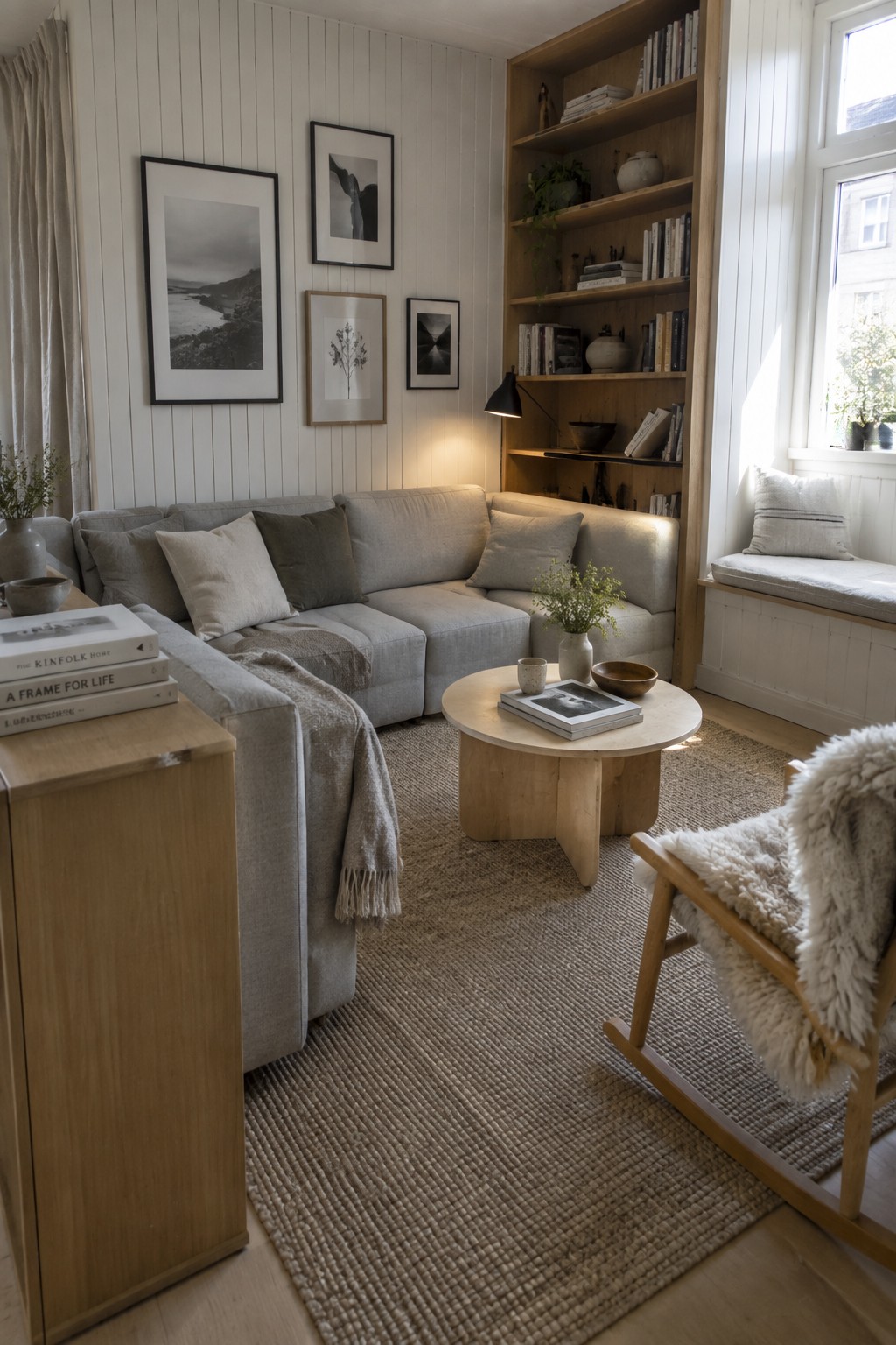 A bright Scandinavian living room with a light gray sectional sofa, round wooden coffee table on a woven rug, built-in light wood bookshelves filled with books, framed art on white walls, and a wooden rocking chair with a sheepskin throw.