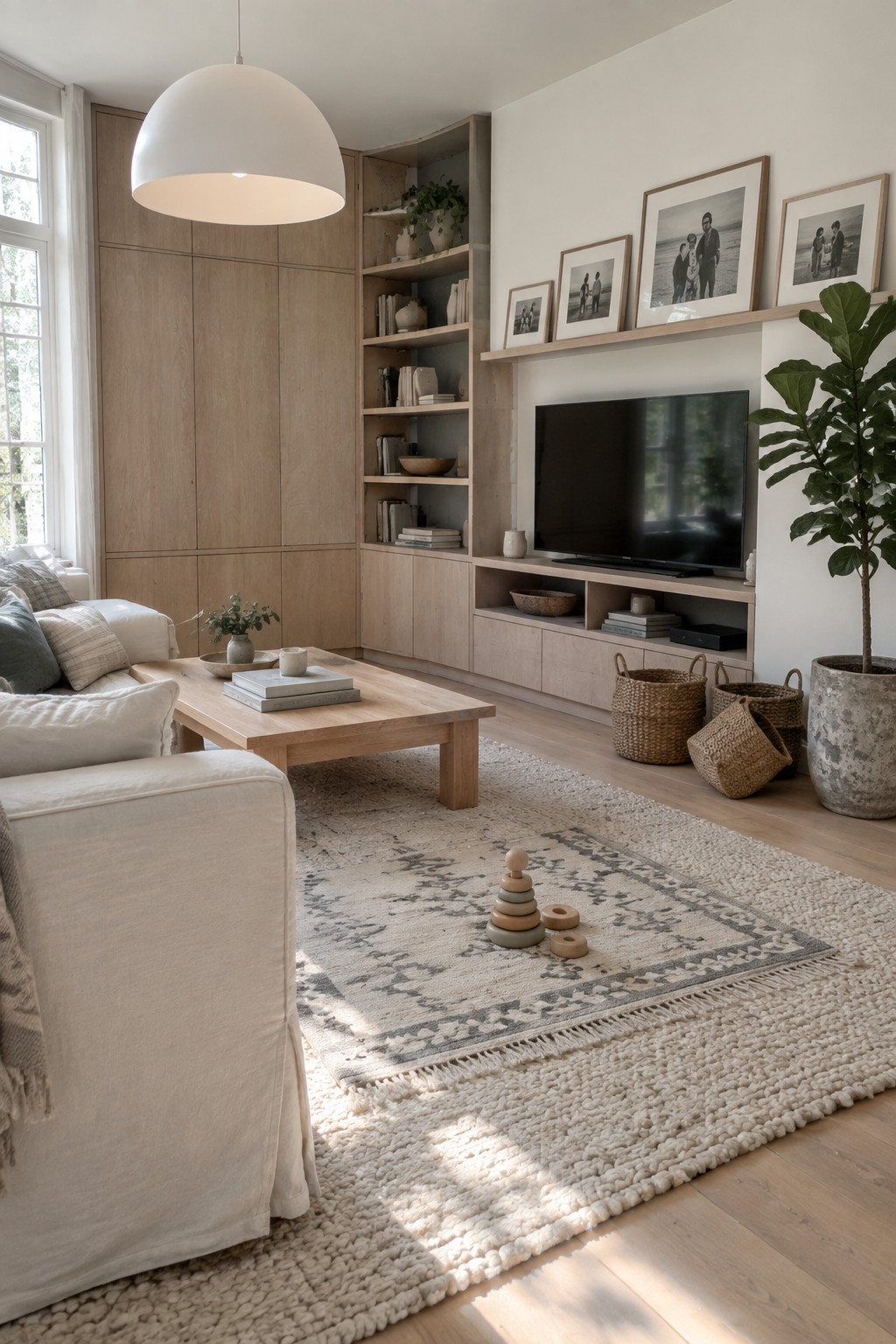 A bright living room with light wood built-in shelving and cabinetry around a wall-mounted television, a white sofa, wooden coffee table, and large textured rug.