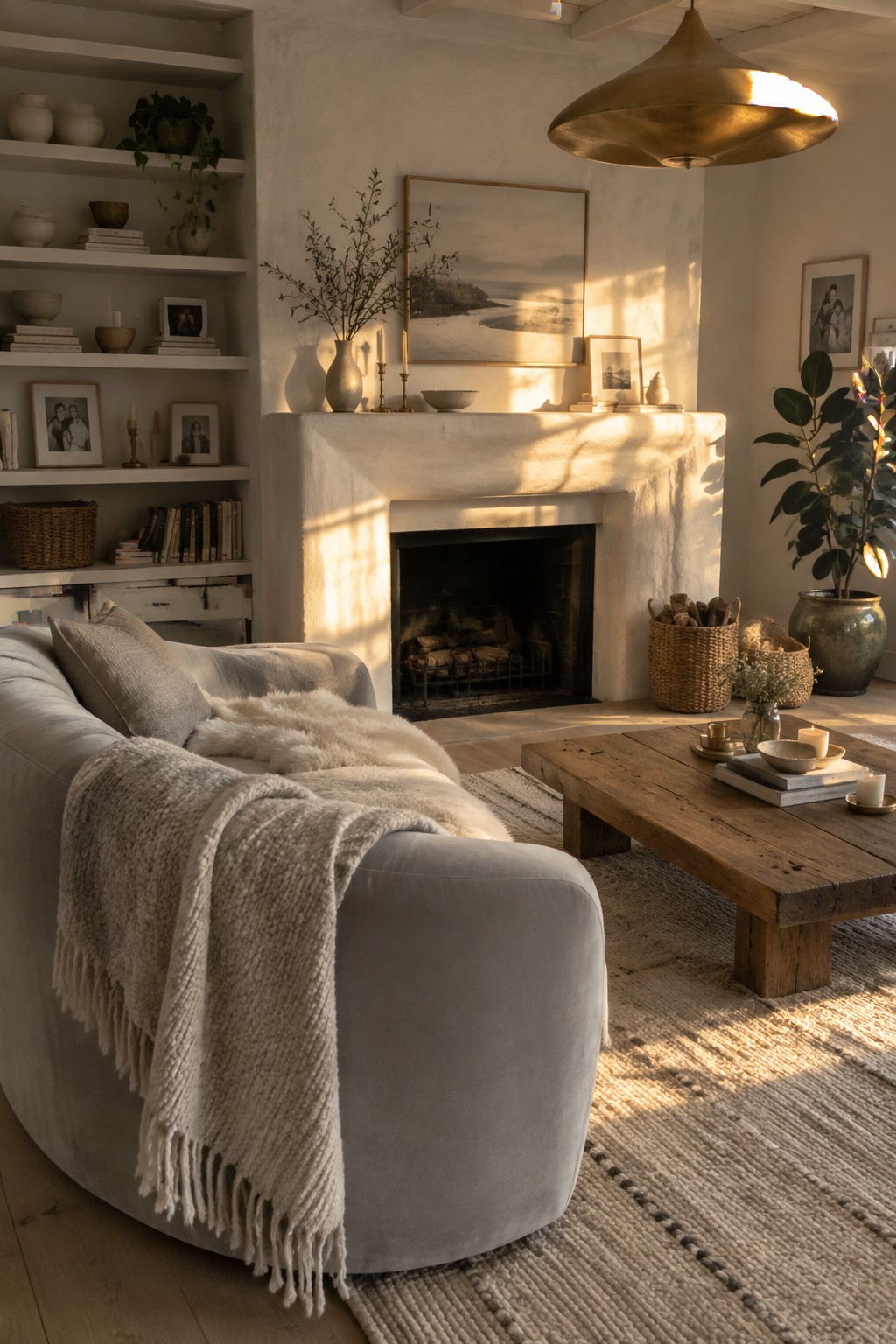 Cozy sunlit living room with gray sofa, fringed throw, wooden table, and fireplace