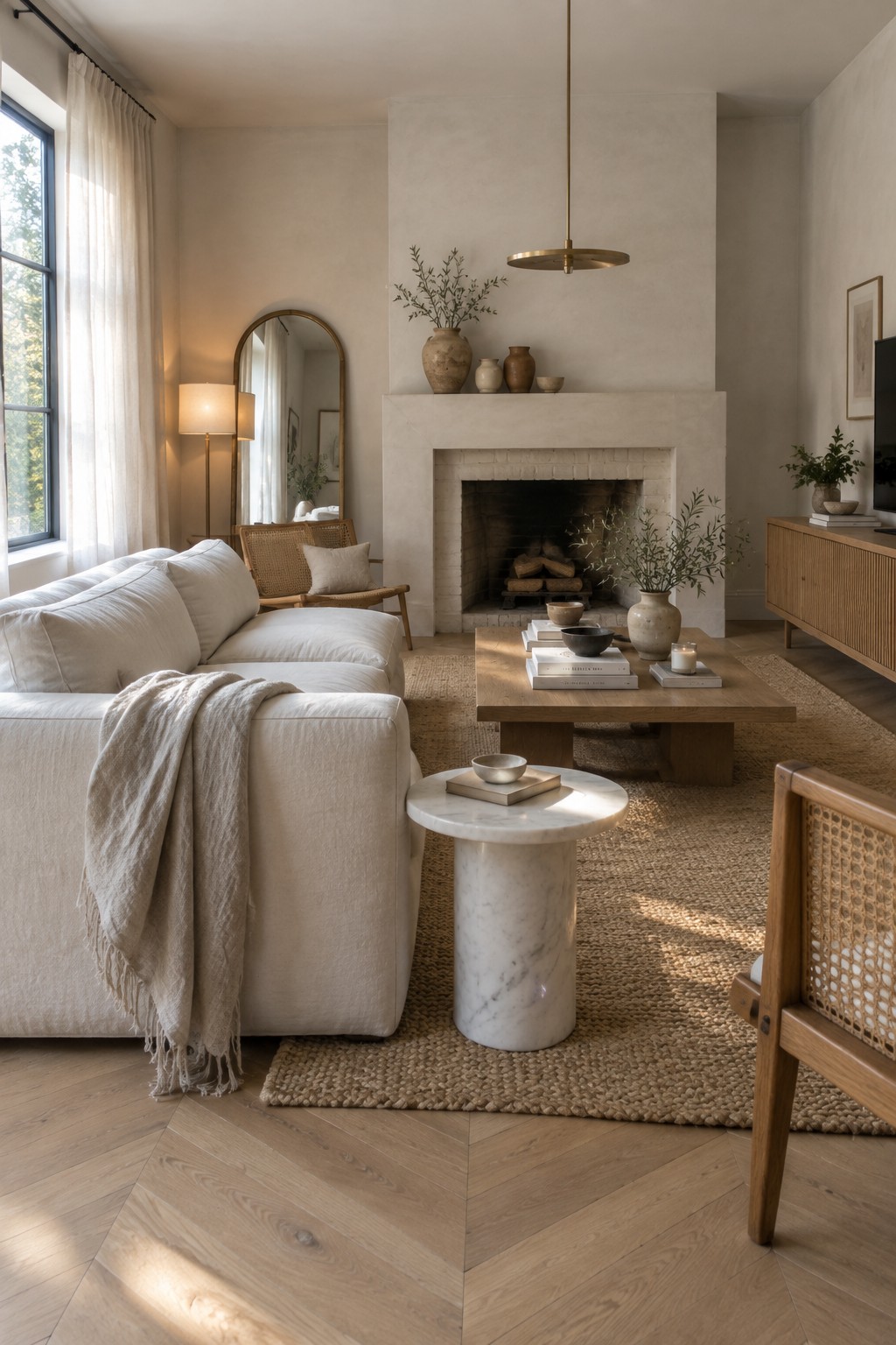 Minimalist neutral living room with white sofa, marble table, and fireplace