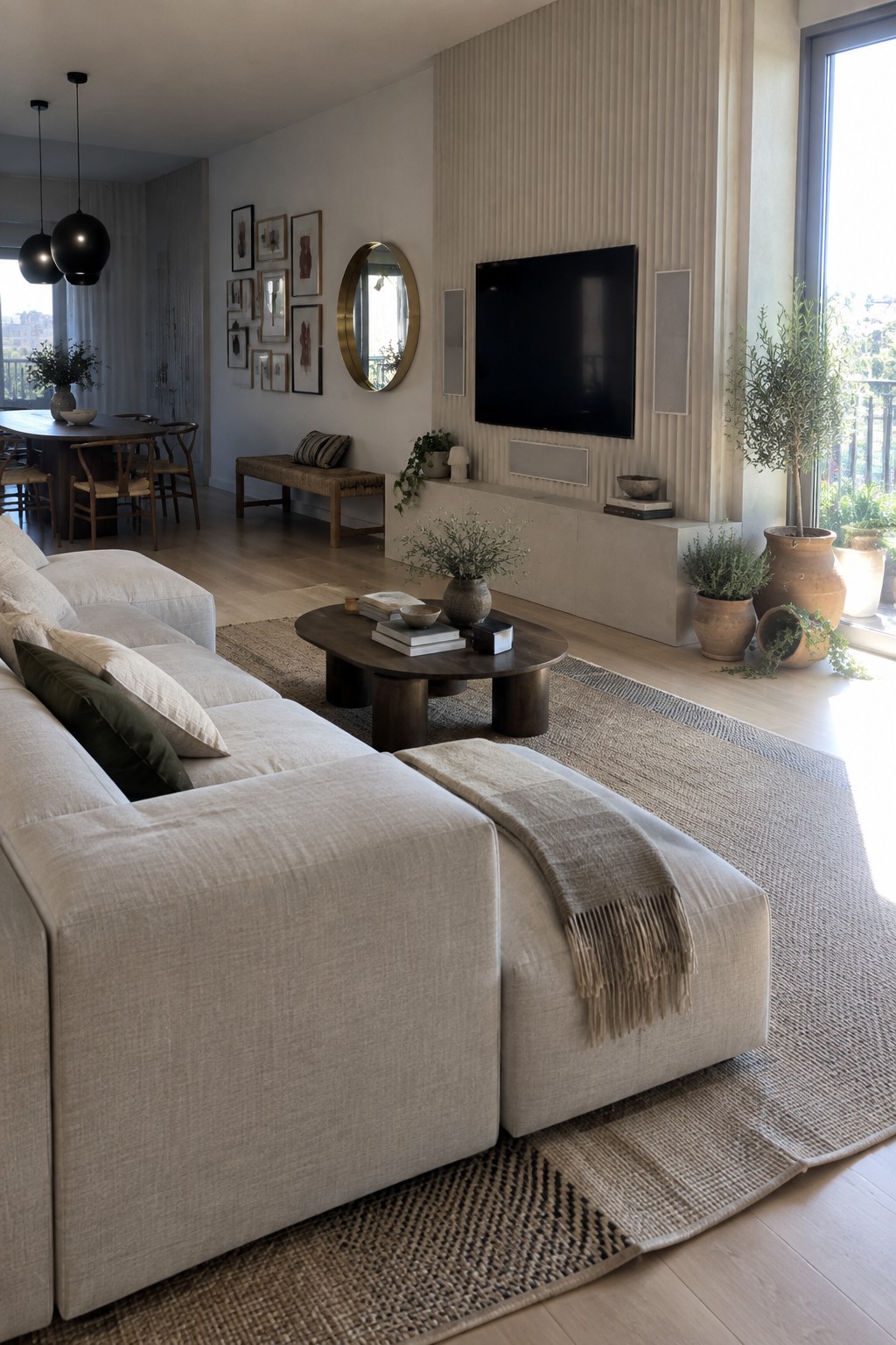 A bright living room featuring a large light-colored sectional sofa on layered neutral rugs, a round dark wood coffee table, and a television mounted on a vertically paneled wall above a low console.