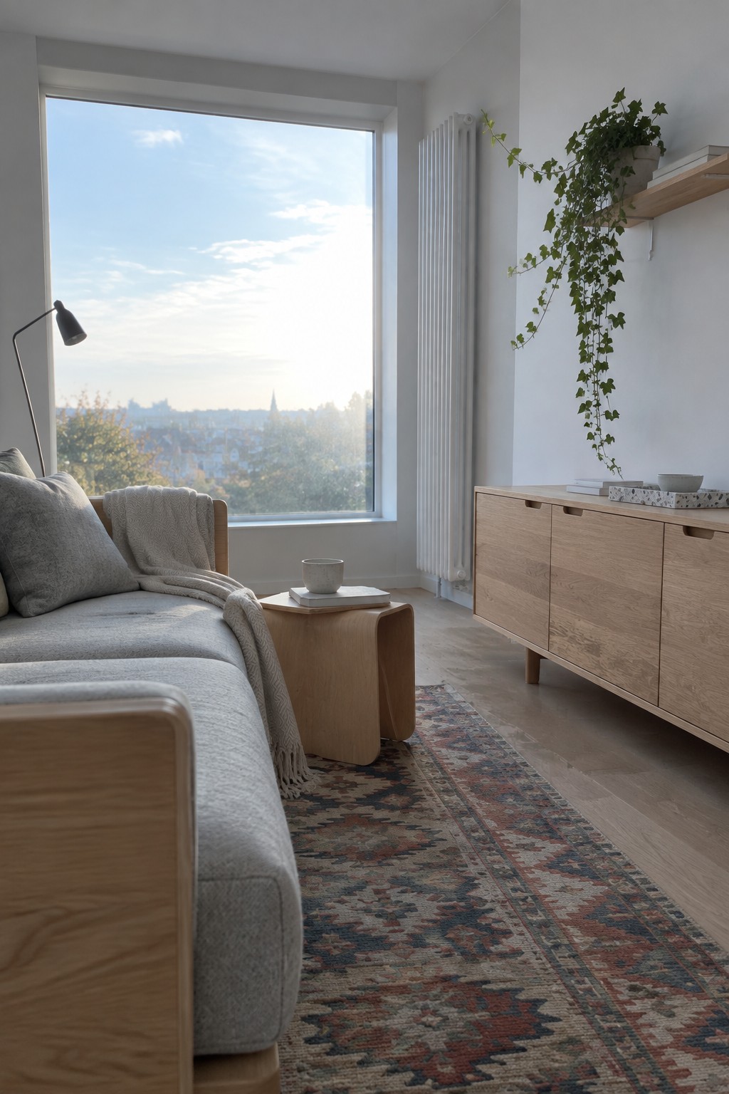 Minimalist living room with gray sofa, wooden cabinet, hanging plants, and large window view.