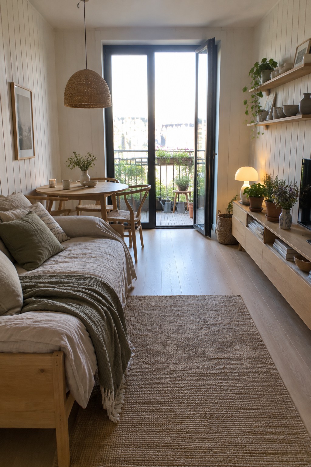Cozy minimalist room with wooden daybed, round table, jute rug, and open balcony doors
