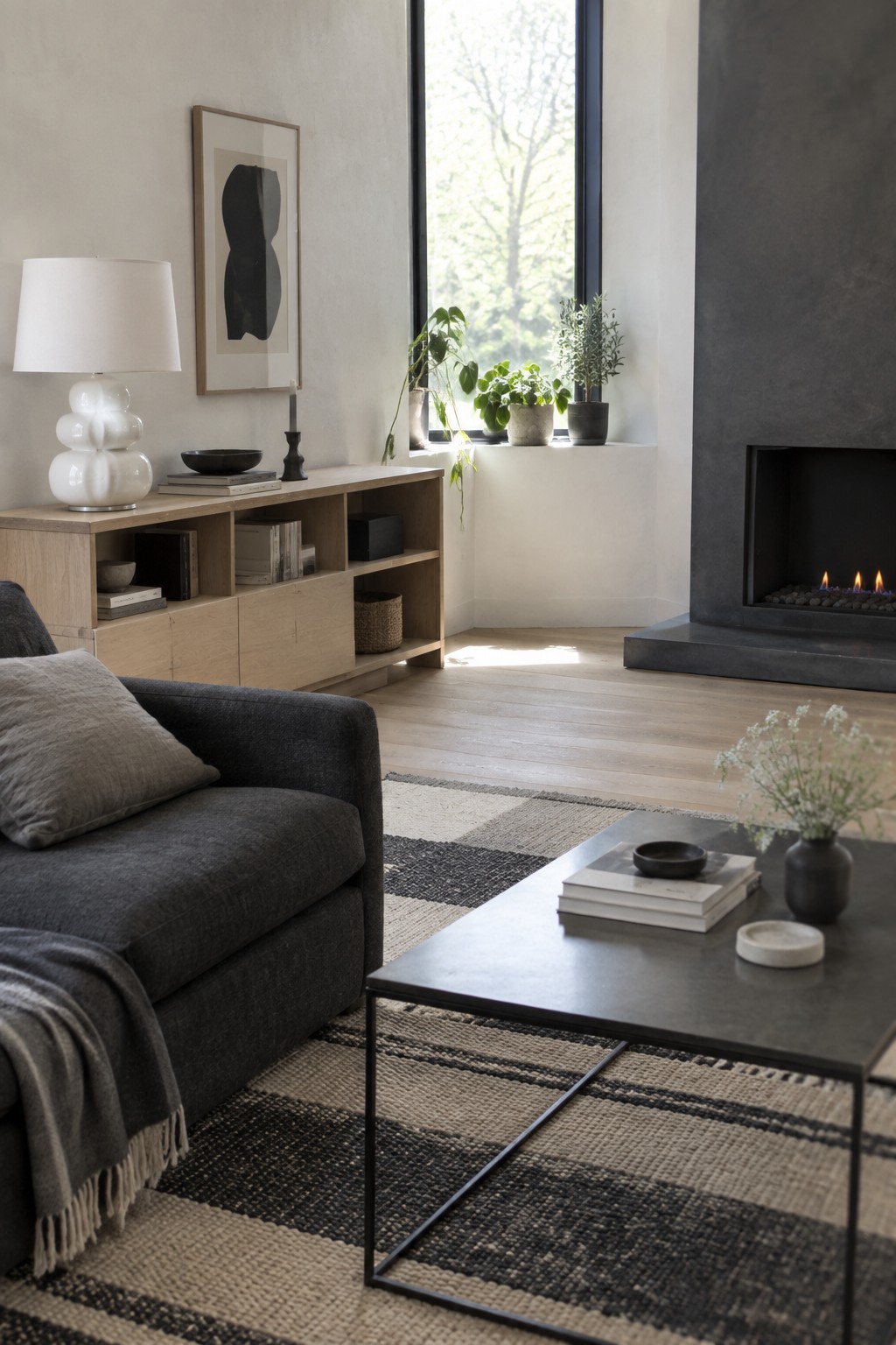 Modern living room with gray sofa, wooden console, black coffee table, and fireplace