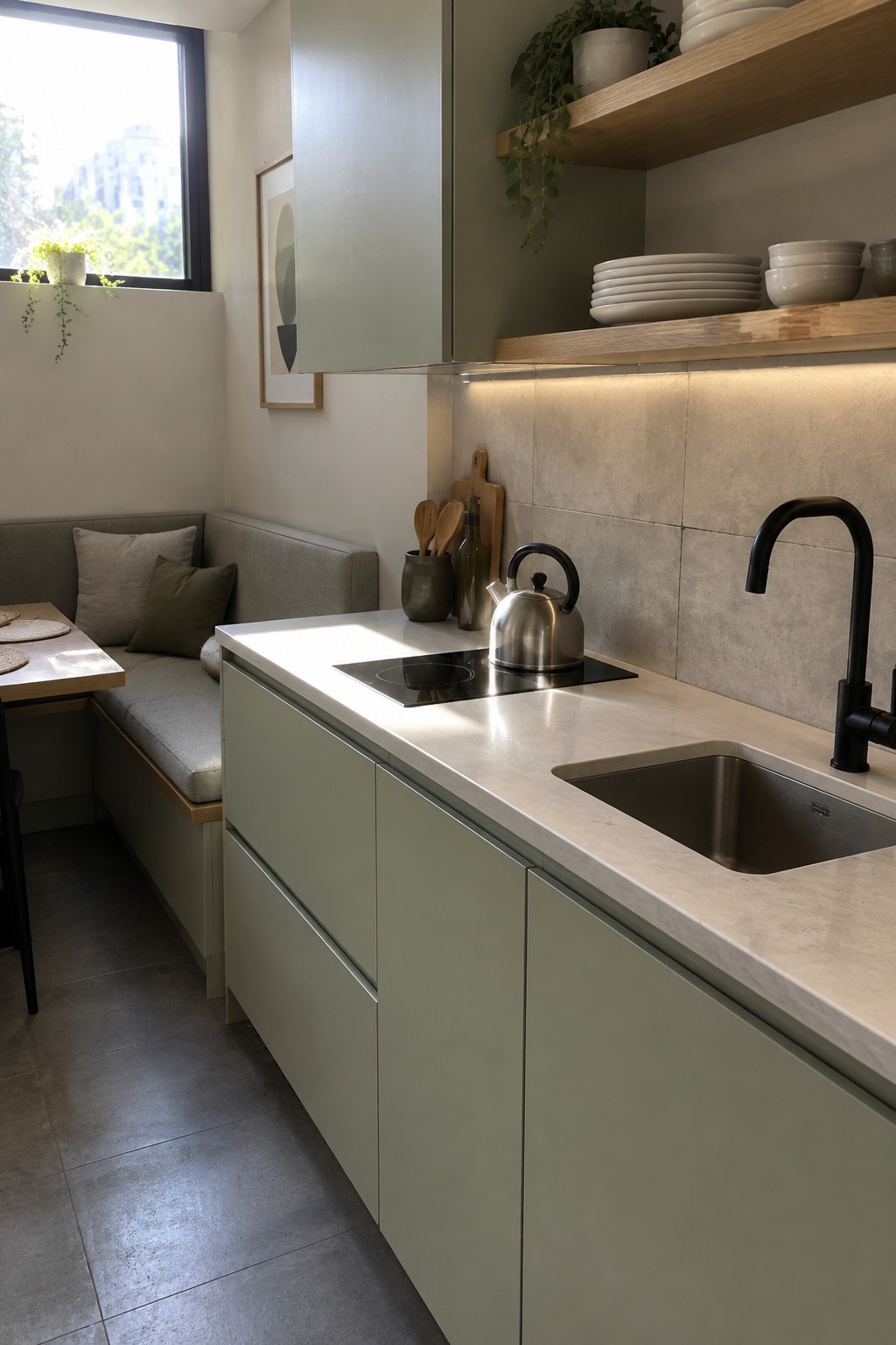 A compact modern kitchen with sage green cabinets, white countertop, black faucet and sink, induction cooktop, stainless kettle, and a built-in upholstered bench with a small wooden table beside a window.