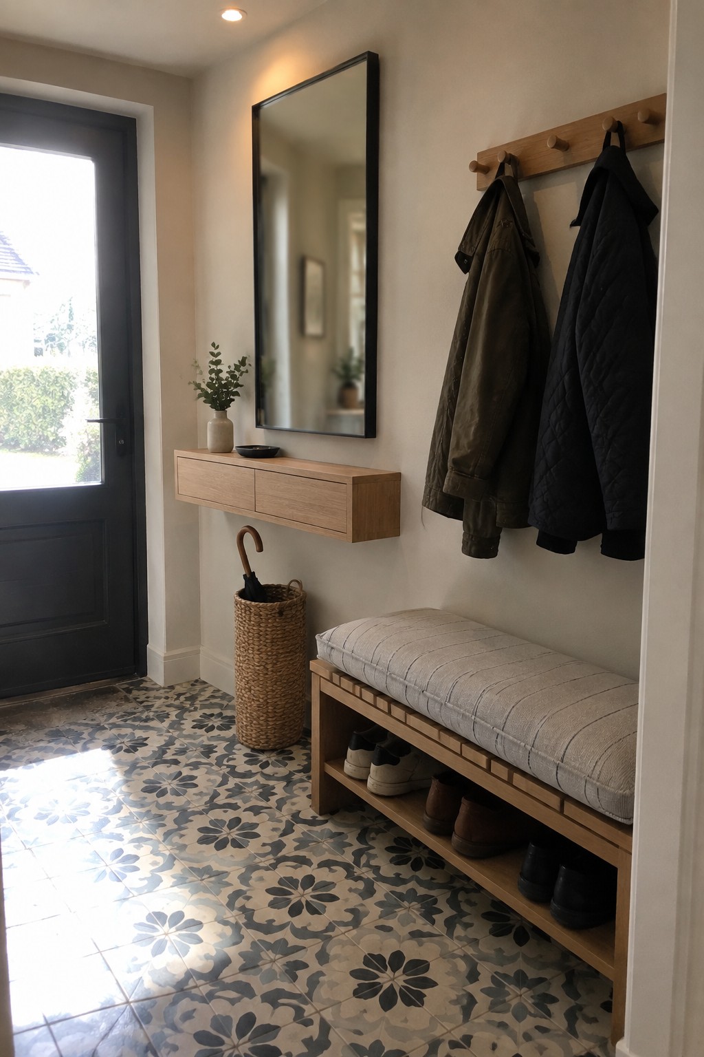 An entryway featuring a wooden bench with a cushioned seat and open lower shelf holding shoes, wall-mounted wooden hooks with hanging jackets, a floating light wood console, and a large rectangular mirror above it.