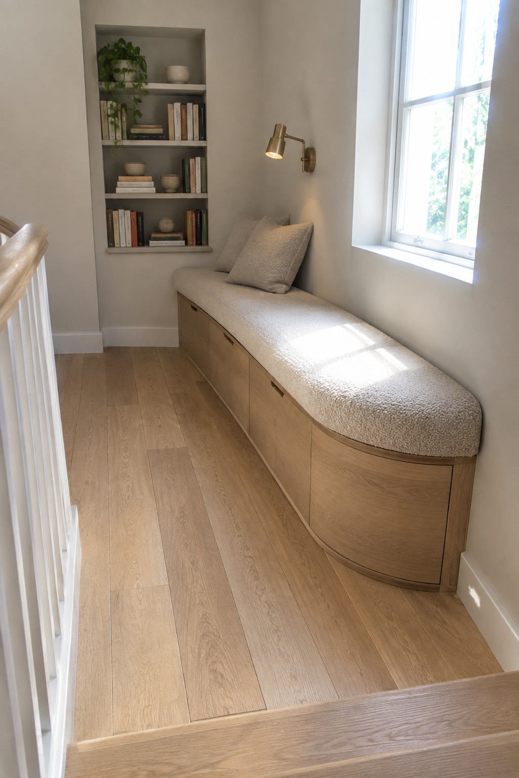 A narrow interior space with a long curved built-in bench with light wood storage cabinets, beige cushion, and pillows, next to recessed bookshelves and a window.