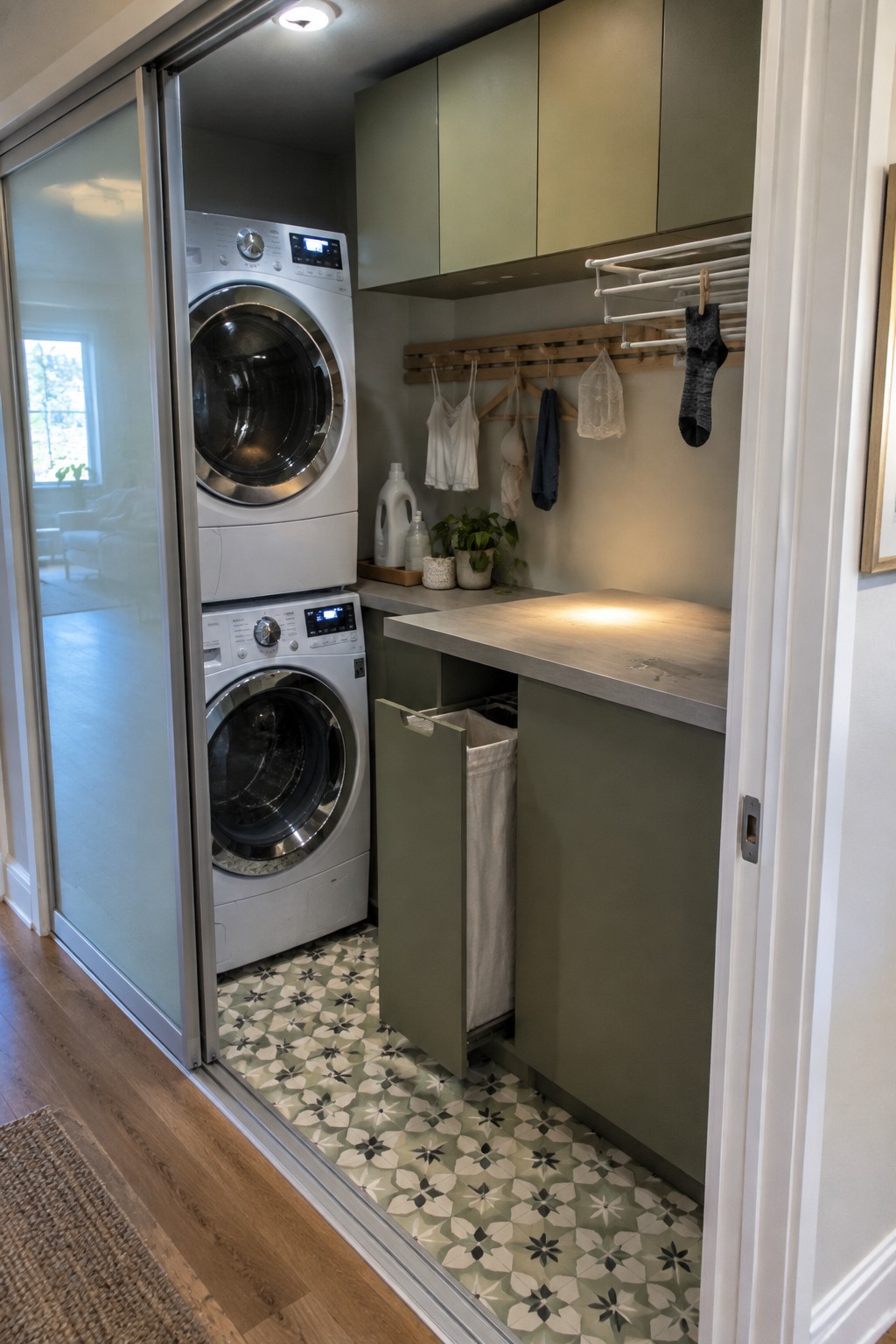 A small laundry room with stacked white washer and dryer behind sliding glass doors, sage green cabinets including a pull-out white laundry bag, and a wooden wall rack holding hanging clothes.