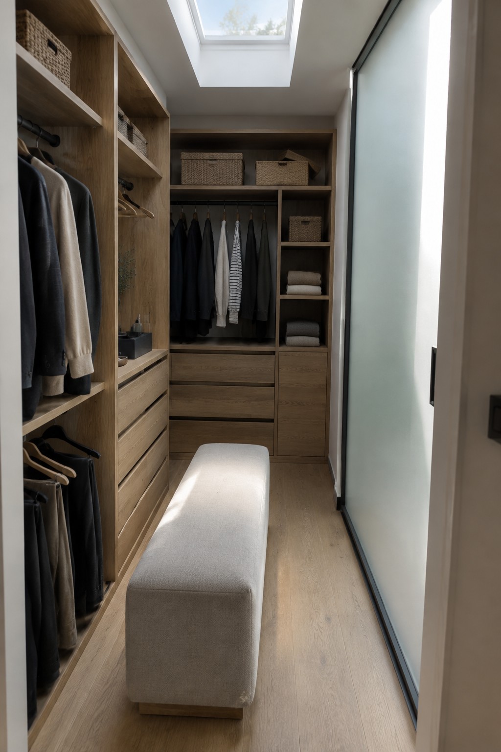 A narrow walk-in closet with light wood built-in shelving, hanging rods, drawers, woven baskets, folded clothes, and a beige upholstered bench centered on light wood flooring beneath a skylight.