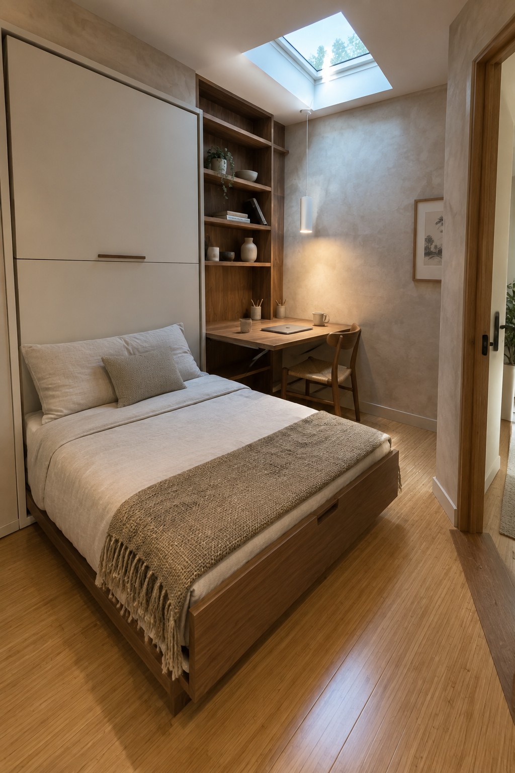 A compact bedroom with a wooden bed, white built-in cabinets along one wall, a built-in wooden desk with open shelves above it, a chair, and a skylight.