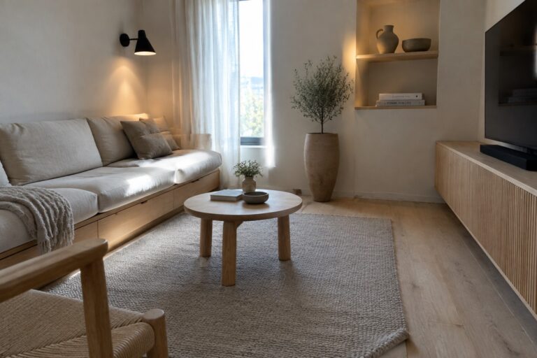 18 Smart Modern Interior Design Ideas for Small Spaces Without Visual Clutter A small modern living room with a long light beige sofa, round light wood coffee table on a textured beige rug, sheer white curtains, and built-in wall shelving.