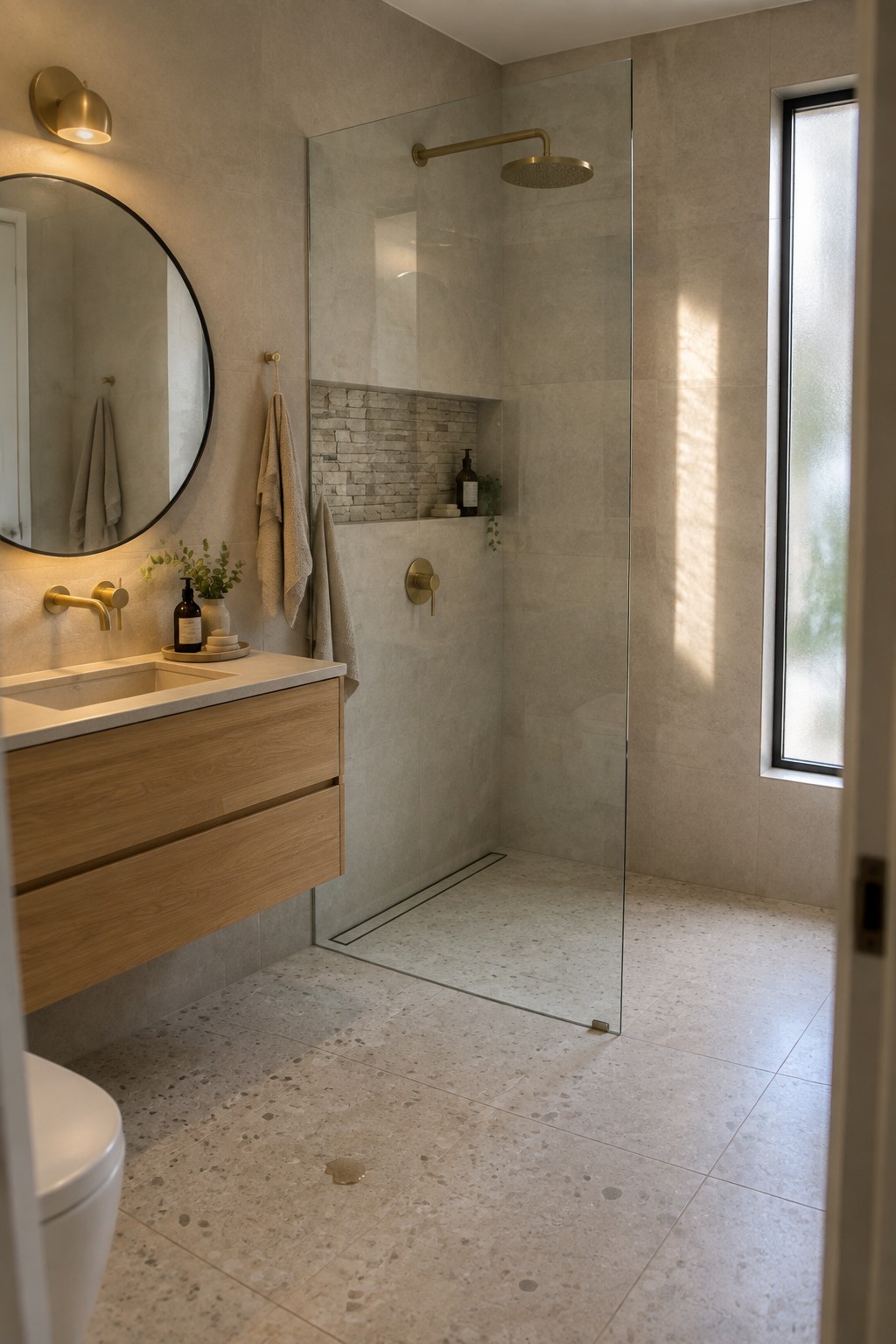 A modern bathroom with a floating light wood vanity, round mirror, wall sconce, and glass shower on speckled tile flooring.