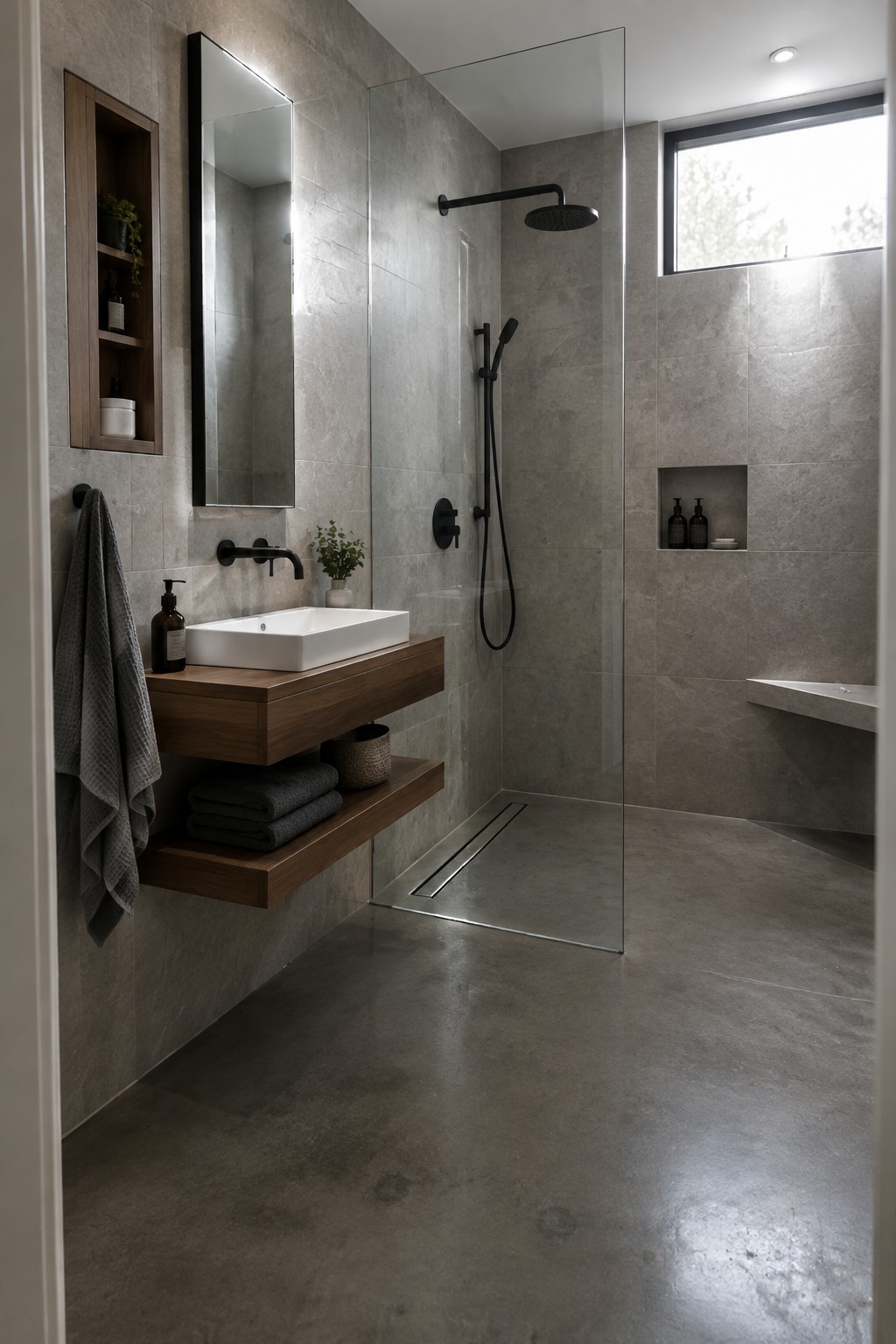 A modern bathroom with gray tiled walls, a floating wooden vanity with white rectangular sink and black faucet, open lower shelf with towels, and a glass-enclosed shower with black fixtures.