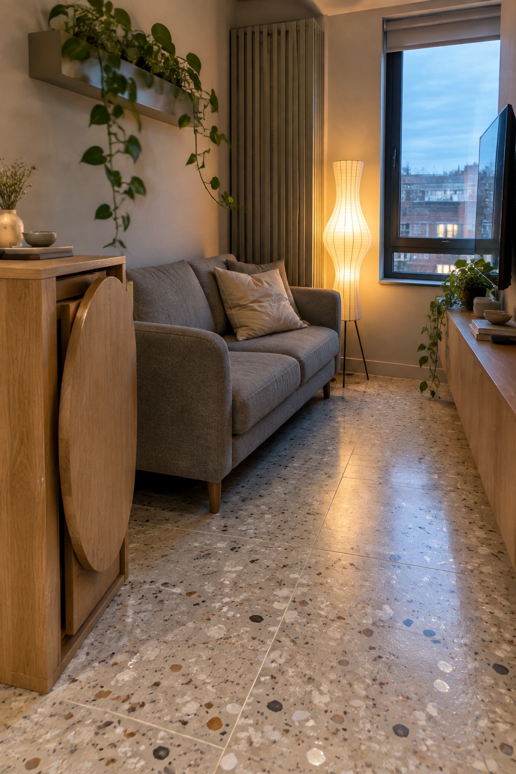A compact living room with a gray sofa, light wood cabinet, floor lamp, and hanging plants on a terrazzo floor beside a window.