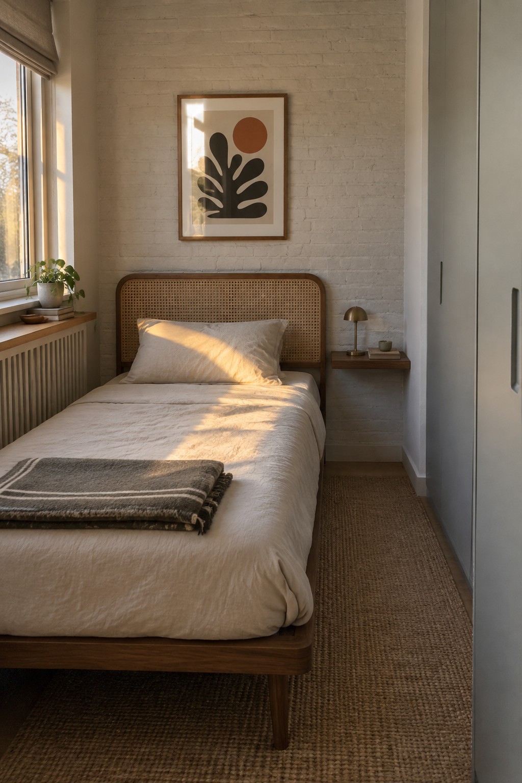 A small bedroom featuring a wooden bed with a woven rattan headboard, white bedding, a folded gray throw, and a framed abstract print on a white brick wall, lit by sunlight from a nearby window.