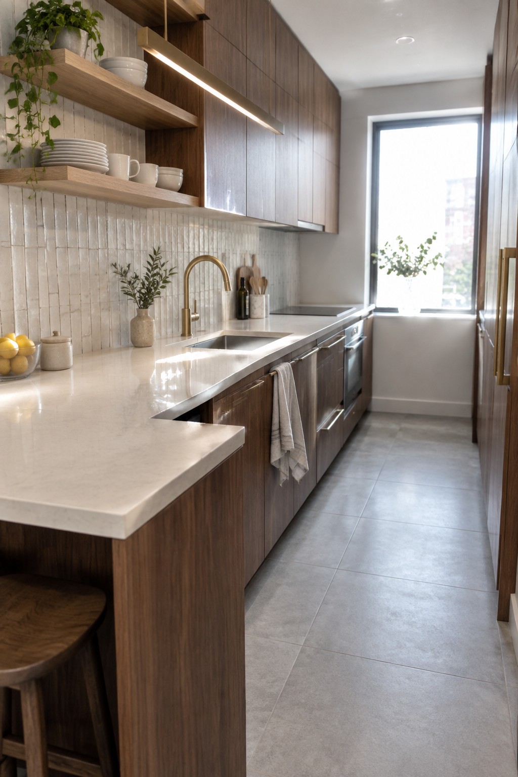 Modern kitchen with dark wood cabinets, marble countertop, gold faucet, and window.