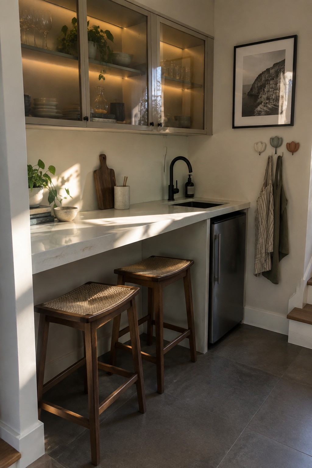 A compact kitchen area with a white counter, black faucet, and two wooden stools with woven seats tucked underneath, plus glass-front cabinets above and a stainless mini fridge below.