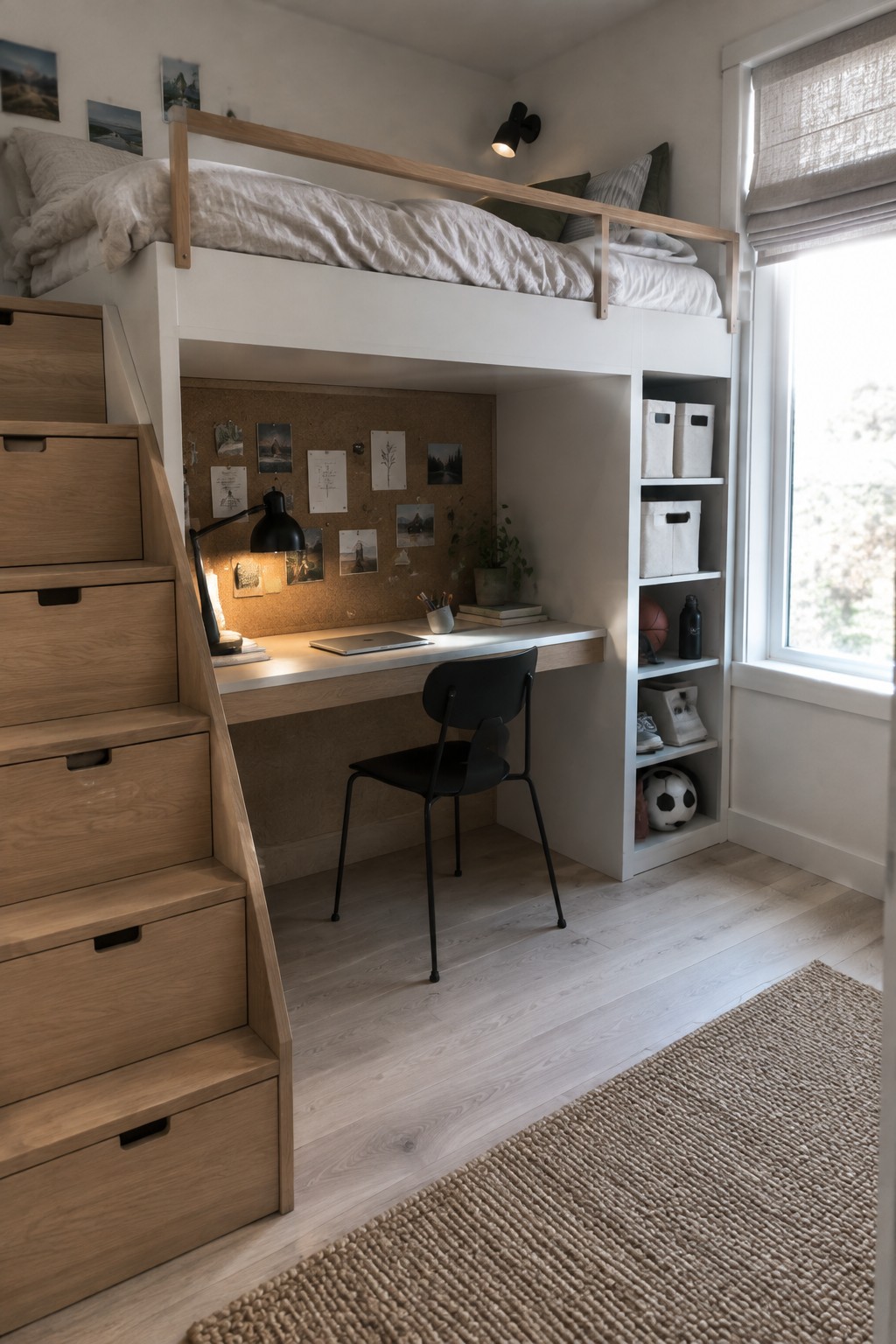 A lofted bed with white frame and wooden rails above a desk setup, storage stairs on the left, and open shelving on the right in a bedroom.