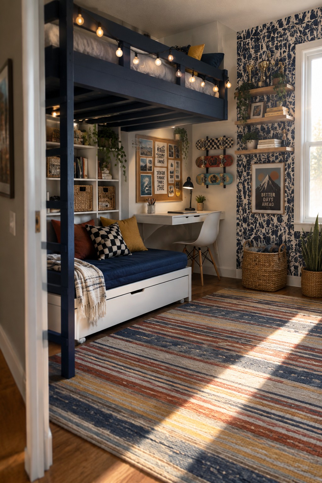 Cozy loft bedroom with navy bunk bed, striped rug, desk, skateboards, and sunny window