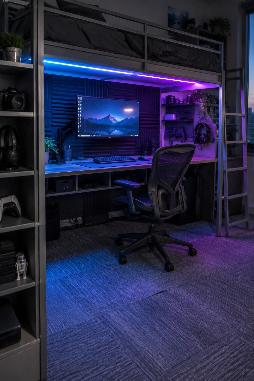 A teen bedroom with a lofted bed above a desk setup that includes a monitor, keyboard, gaming chair, and LED lighting underneath.