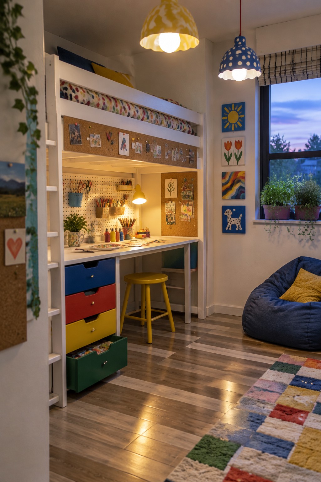 A white loft bed above a built-in desk with colorful storage drawers, a yellow stool, pegboard, and corkboard in a teen bedroom with wood flooring and a window.
