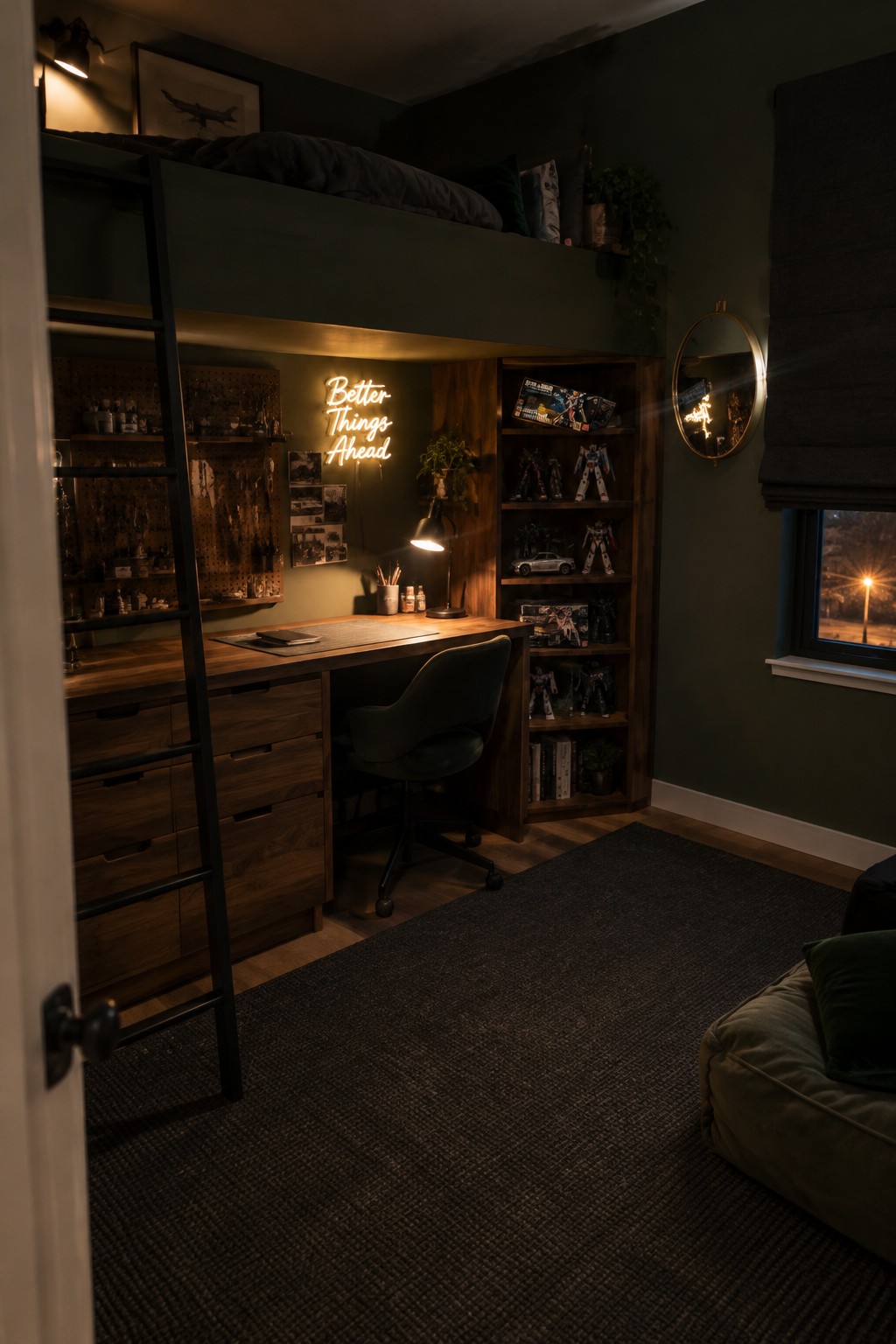A teen bedroom with a dark green lofted bed above a wooden desk and office chair, surrounded by built-in shelves holding collectibles and a neon sign on the wall.