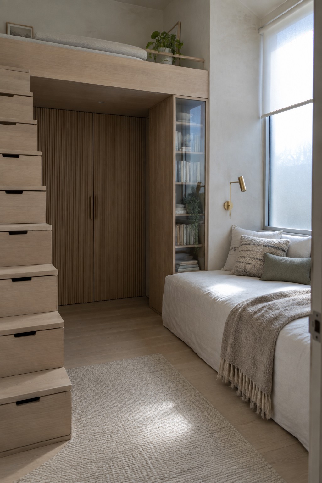 Modern minimalist bedroom with loft bed, fluted wood closet, daybed, and woven rug.