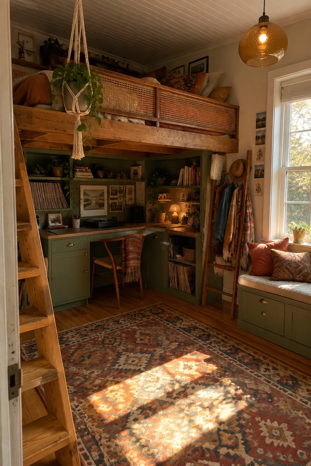 Sunlit bohemian loft bedroom with wooden loft bed, green built-ins, and patterned rug