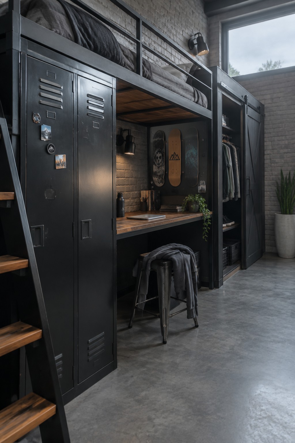 Industrial loft bedroom with black metal loft bed, desk, and wall-mounted skateboards.