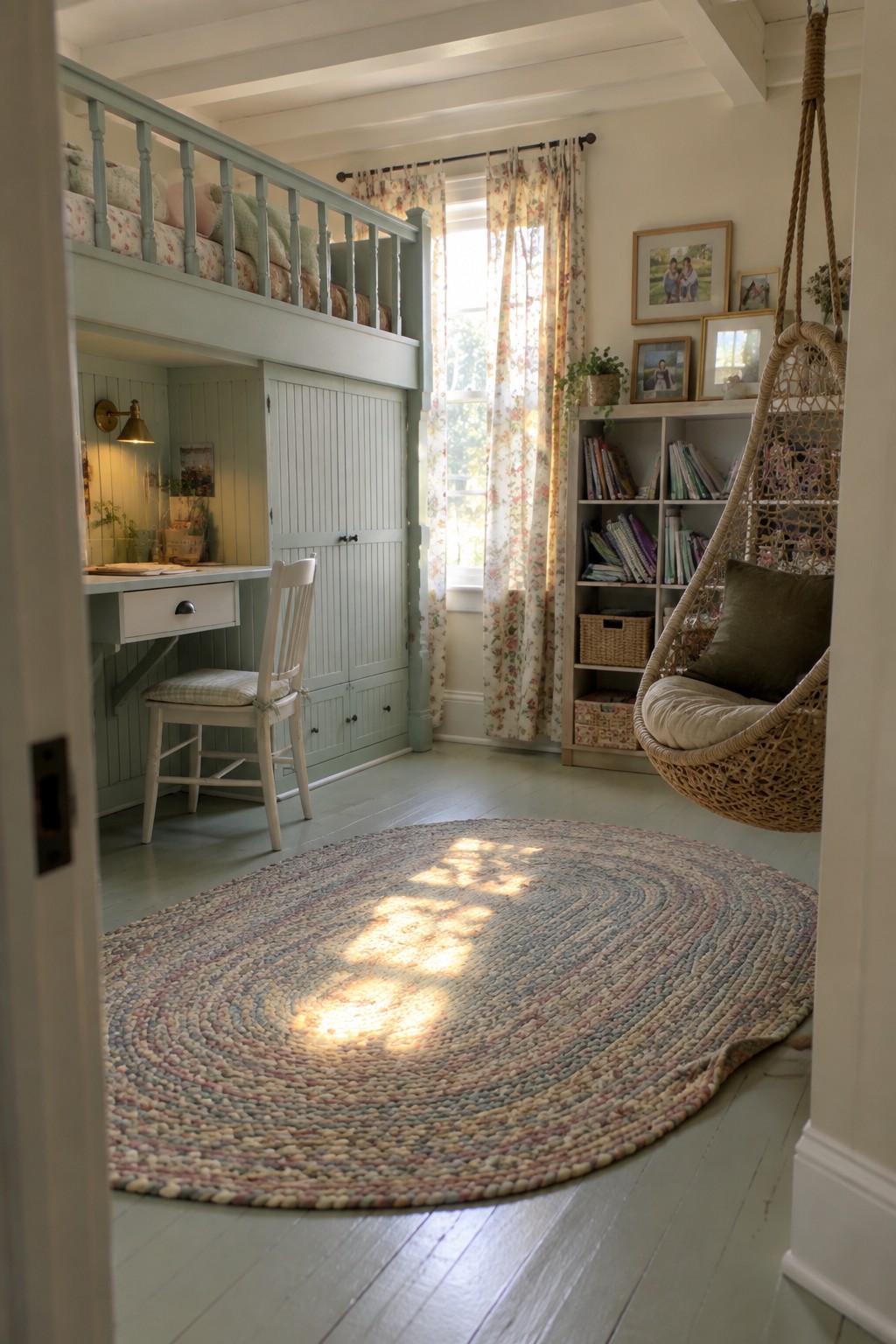 Cozy child's bedroom with loft bed, hanging chair, bookshelf, and braided rug in sunlight