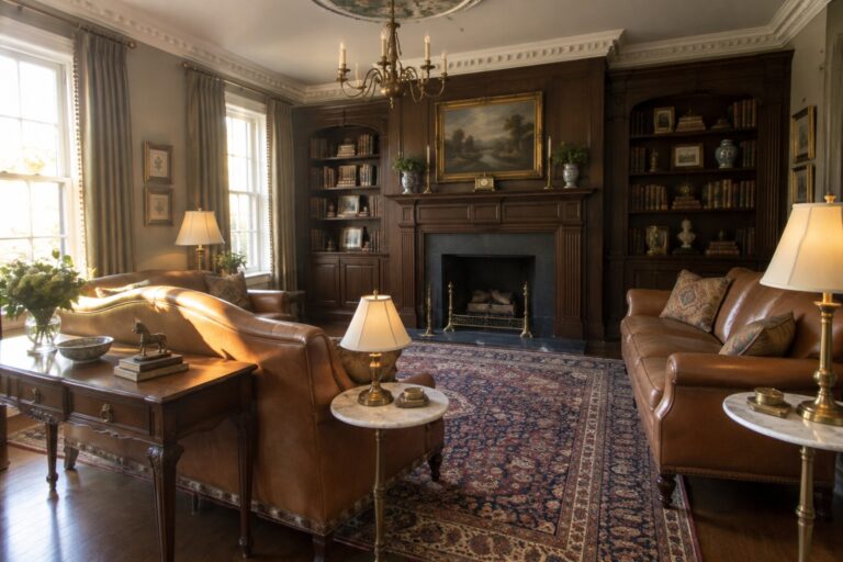 18 Timeless Traditional Living Room Ideas With Classic Molding and Symmetrical Furniture A traditional living room with dark wood built-in bookshelves flanking a central fireplace, two brown leather sofas facing each other across a large patterned rug, and a brass chandelier overhead.