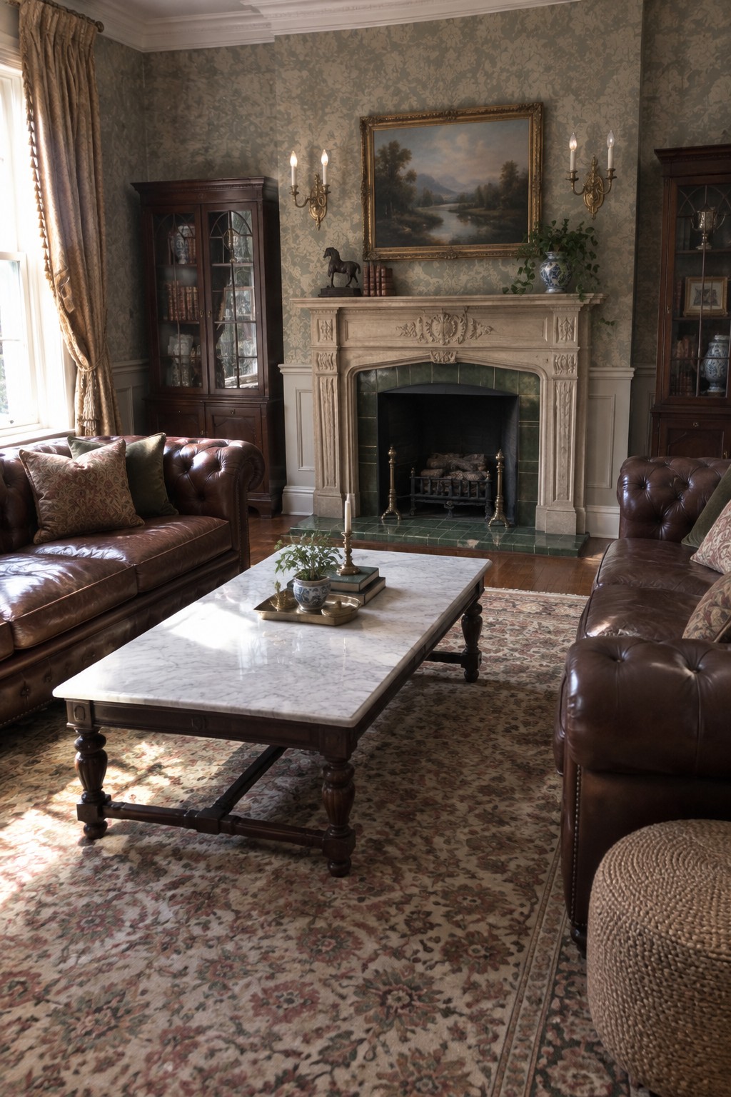 A traditional living room featuring two brown leather sofas facing each other across a marble coffee table, with a fireplace and landscape painting centered between them.