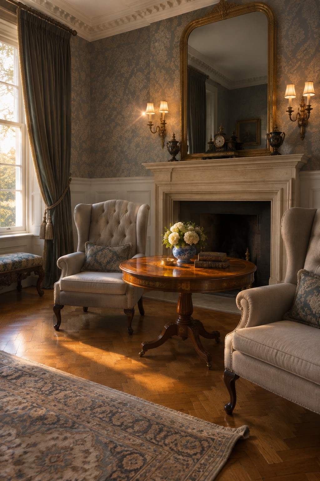 A traditional living room featuring two matching beige wingback chairs placed symmetrically on either side of a round wood table in front of a fireplace with a large gold mirror above the mantel.