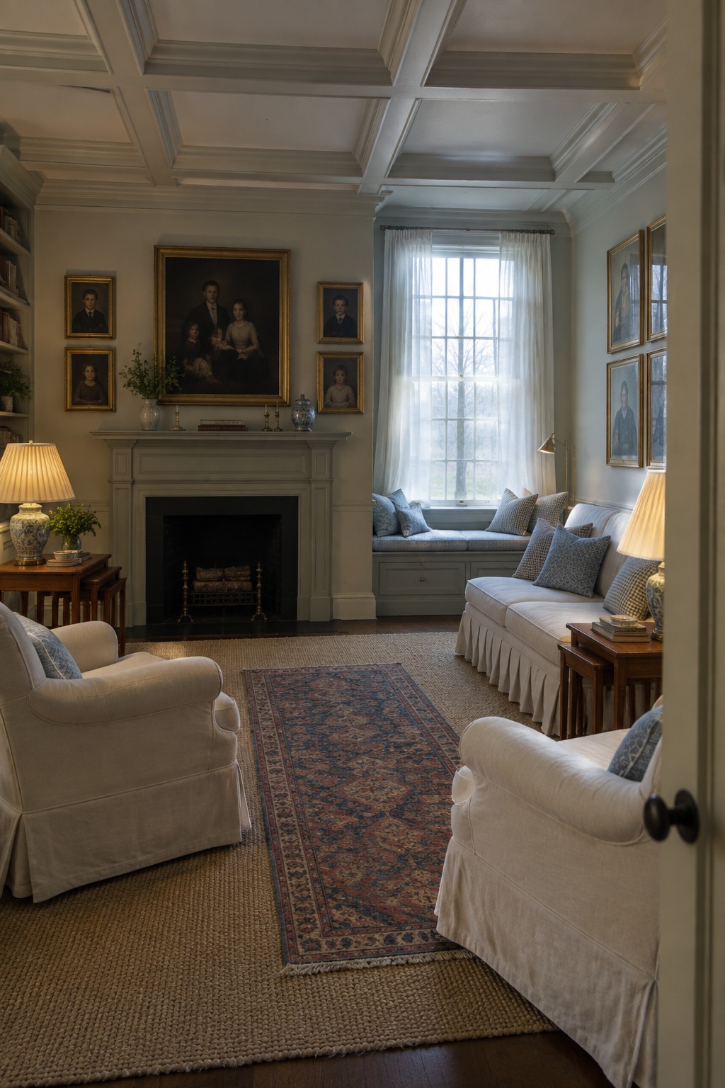 A traditional living room featuring two matching white armchairs facing a sofa, with a fireplace, large painting above the mantel, and a patterned rug on a woven floor covering.