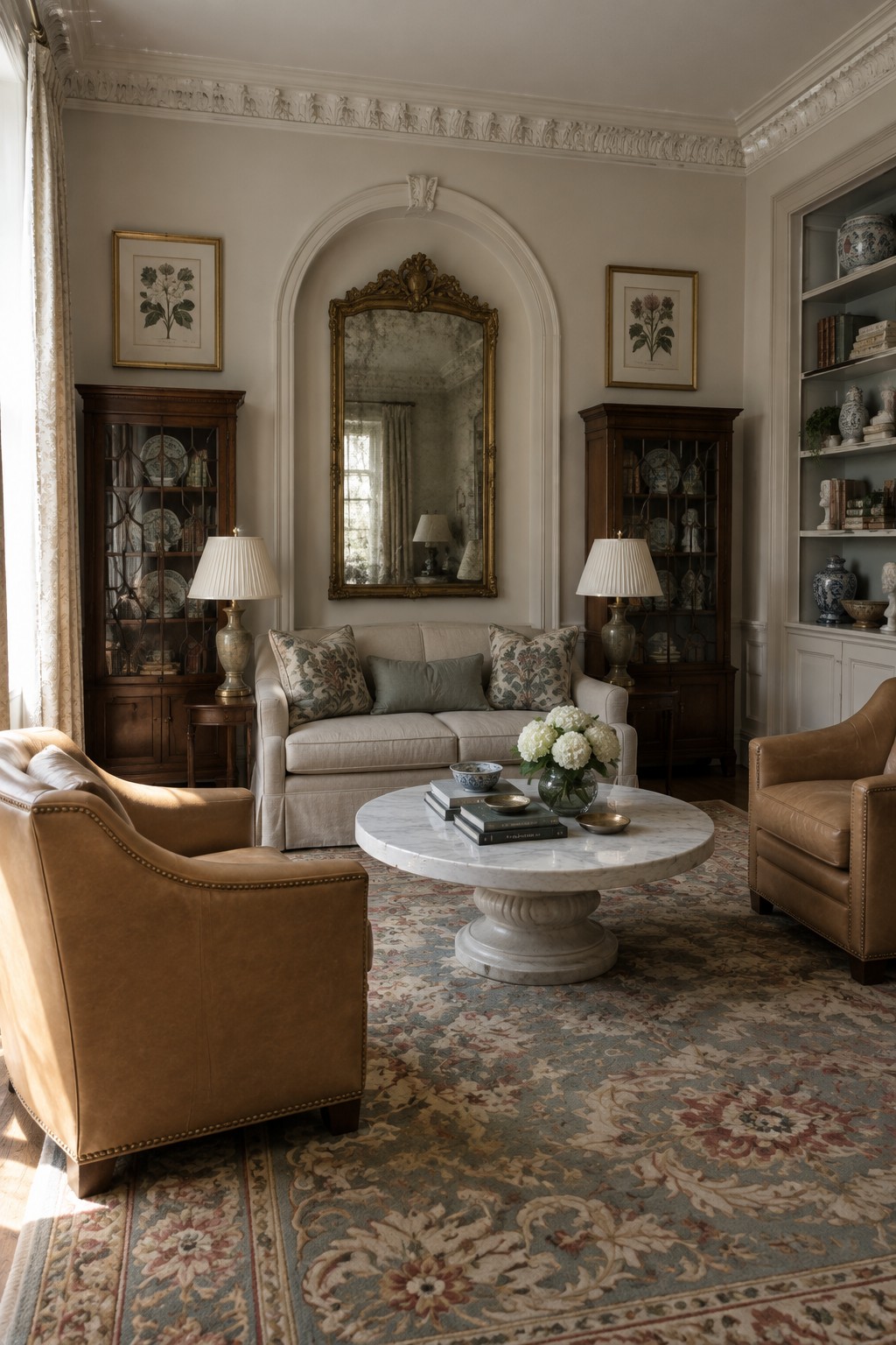 A traditional living room featuring a central sofa under an arched mirror, flanked by two matching wooden display cabinets, two brown leather armchairs, and a round marble coffee table on a patterned rug.