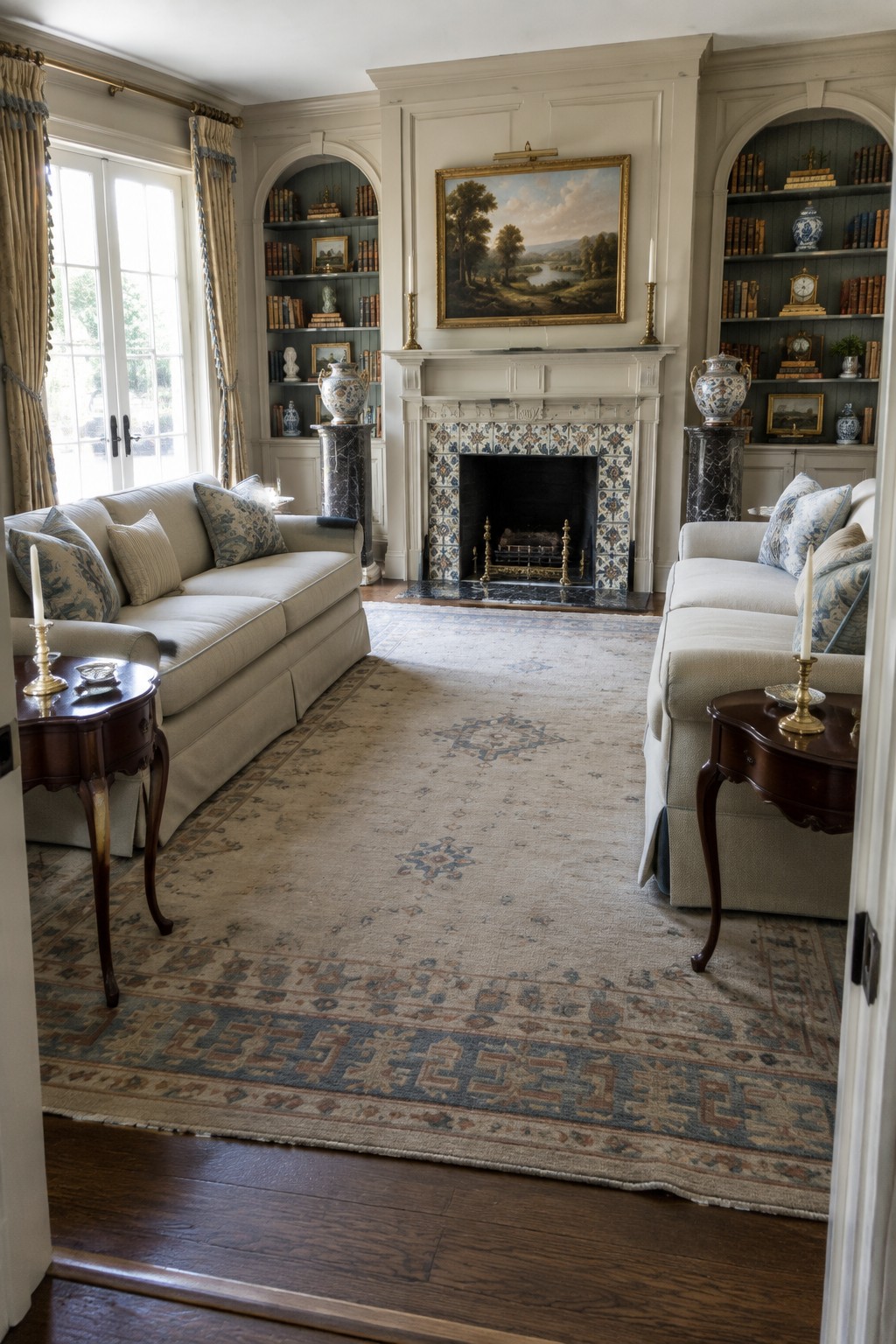 Elegant living room with facing sofas, fireplace, bookshelves, and large patterned rug.