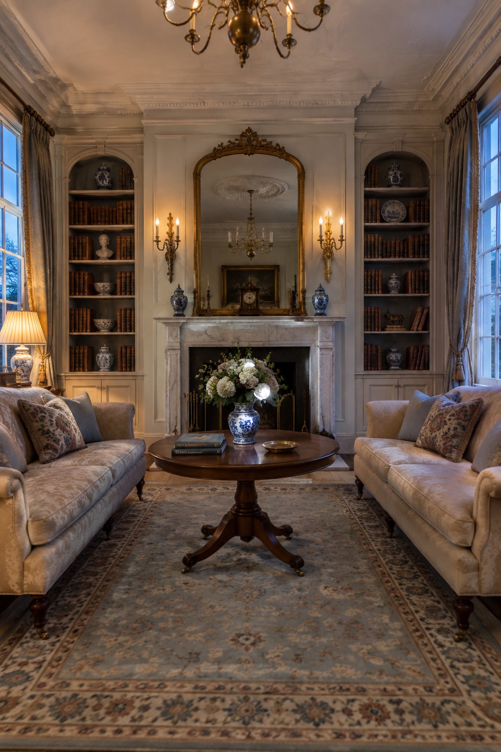 A traditional living room featuring two matching sofas facing each other across a round wooden table, with built-in bookshelves flanking a marble fireplace and a large ornate mirror above the mantel.