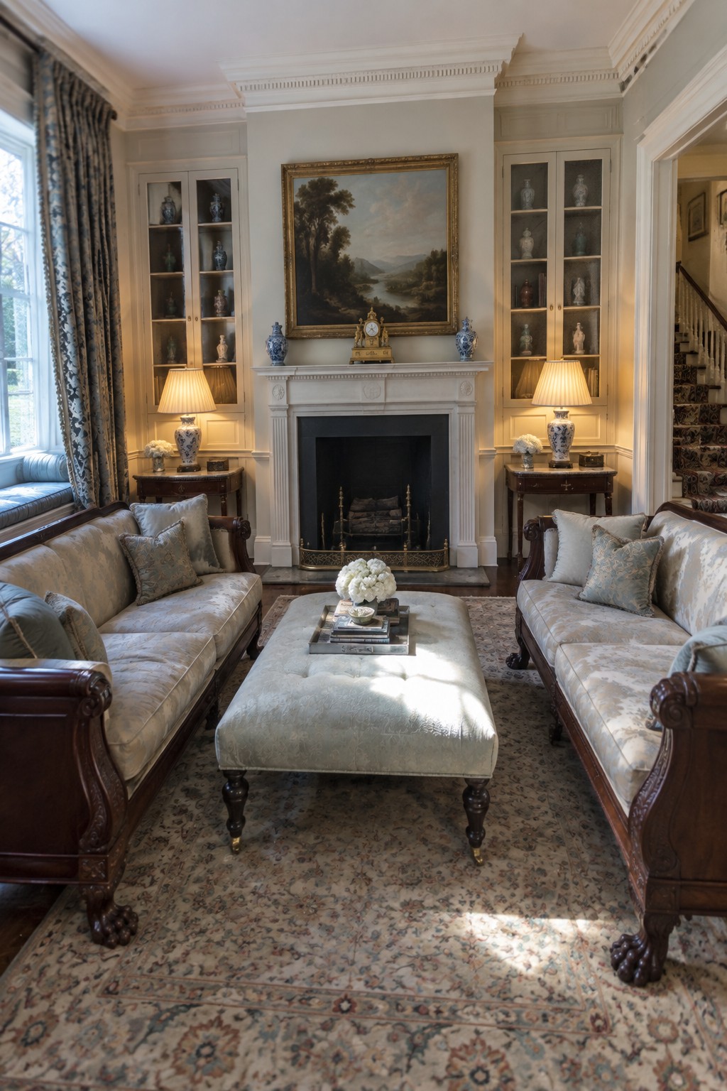 Elegant living room with facing sofas, tufted ottoman, fireplace, and built-in cabinets.